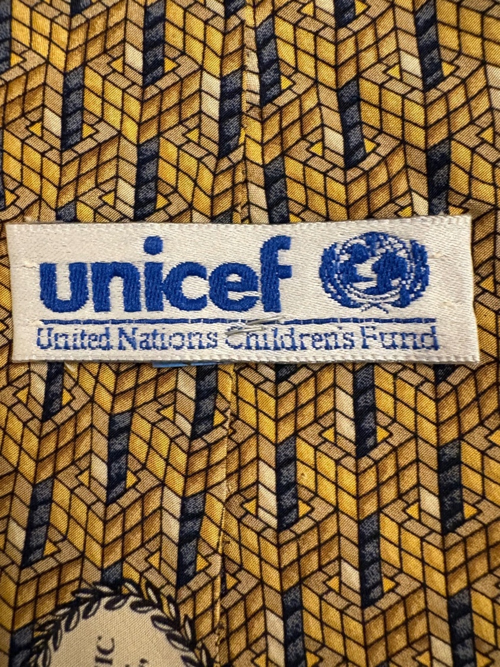 Vintage UNICEF Silk Tie Geometric Dutch Ceramic Tile Pattern 4” Gold Blue